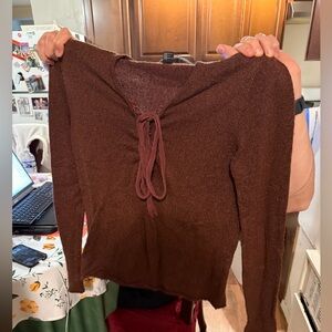 Forever 21 Brown V-Neck Sweater with Tie Detail